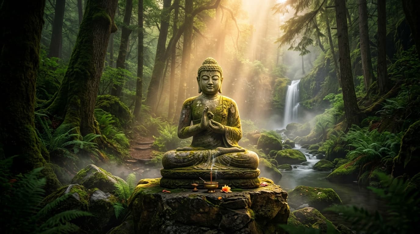 Buddha statue nestled peacefully within lush forest canopy